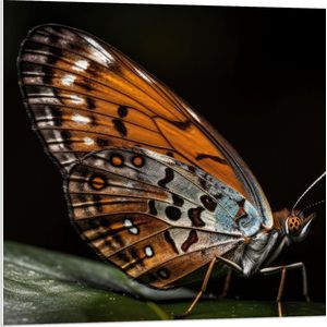 PVC Schuimplaat - Acraea vlinder zit op groen blad met zwarte achtergrond - 80x80 cm Foto op PVC Schuimplaat (Met Ophangsysteem)