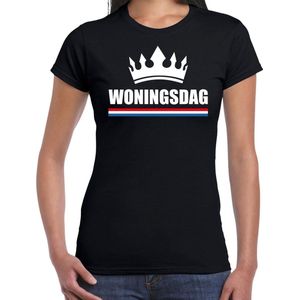 Koningsdag t-shirt Woningsdag met witte kroon voor dames - zwart - Woningsdag - thuisblijvers / Kingsday thuis vieren S
