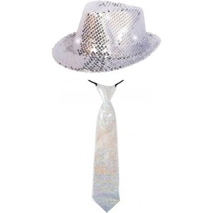 Folat Verkleedkleding set zilver LED light hoedje/stropdas volwassen