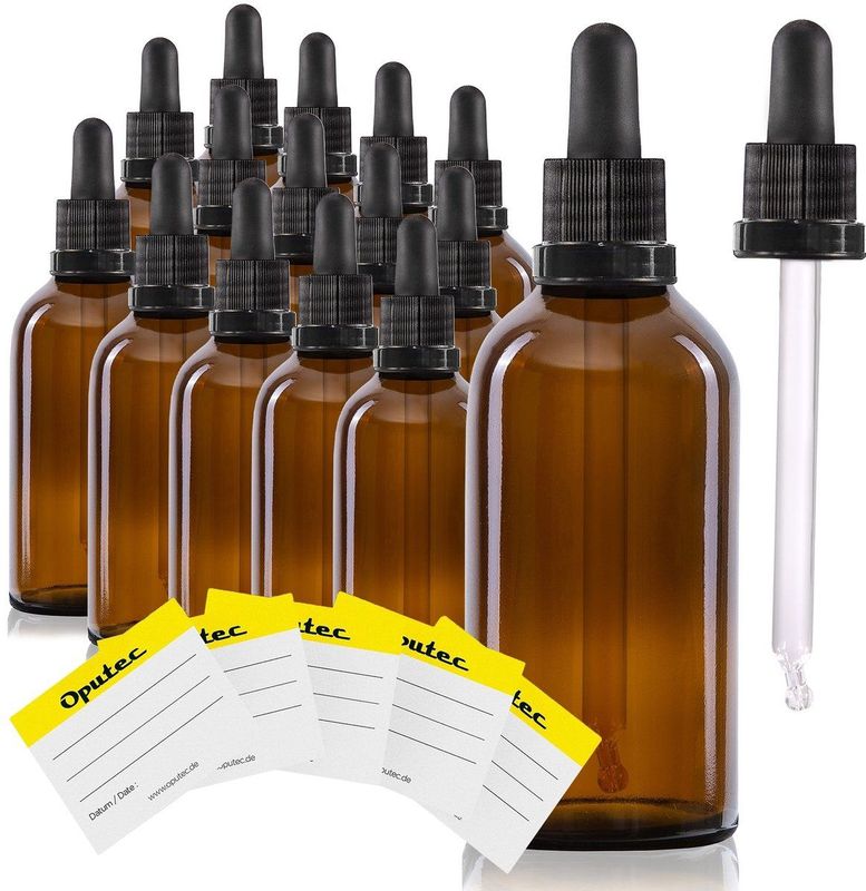 Oputec - Bruine Glazen Pipetfles - 100 ml - Set van 20 - Doseerfles met Glazen Pipet en Etiketten