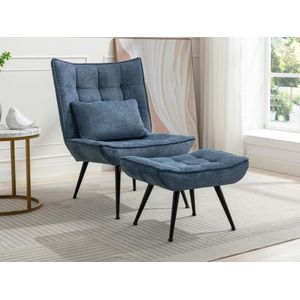 Fauteuil met voetensteun van blauwe stof MARACAO L 69 cm x H 95 cm x D 82 cm