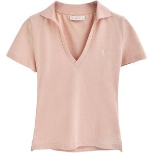 Poederroze polo van katoen en linnen zonder knopen met geborduurd Rigby Go-logo