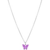 Lucardi Kinder Stalen ketting met vlinder violet - Ketting - Staal - Zilverkleurig - 40 cm