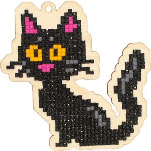 Wizardi Charm - Diamond painting op hout - Black Cat - Zwarte kat - met magneet