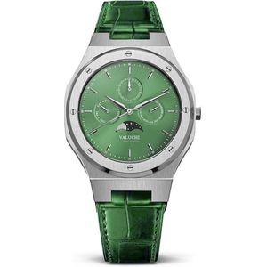 Valuchi Heren Lunar Calendar Roestvrijstaal Automatisch Horloge - Leer Zilver Groen