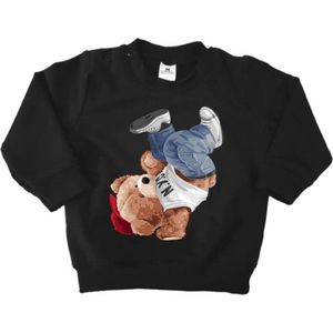 Sweater jongen - Sweater meisje - Beer met rode pet - Sweater met print - Zwart - Stoere zachte sweater - Maat 74