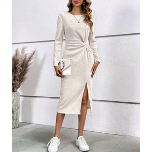 Sexy elegante corrigerende twist taille beige geplisseerde stretch trui jurk met split maat L