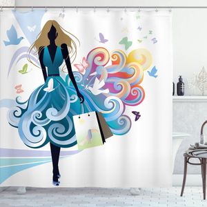 New Bed, Hedendaags Winkelende Vrouw Kunst, Douchegordijn Badkamer Decor Set met Haakjes, 180 cm B 200 cm L