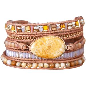 Marama - Wikkelarmband Yellow Flower Stone - edelsteen Flower Stone - leer - damesarmband - cadeautje voor haar