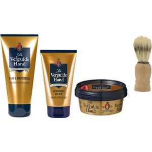 Vergulde Hand 4 Delige Set - After Shave Balsem / Houten Scheerkwast / Scheerzeep / Douchegel