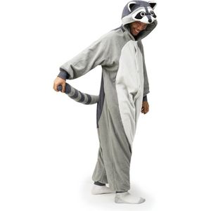 KIMU Onesie Grijze Wasbeer Pak - Maat XL-XXL - Wasbeerpak Kostuum Grijs Raccoon - Dierenpak Jumpsuit Pyjama Huispak Dames Heren Overall Festival