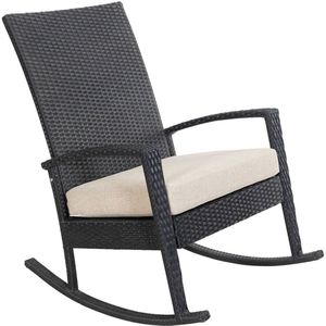 Luna Rocking chair - Schommelstoel buiten - Zwart poly rattan - Kaki Kussen - Tuinstoel schommelstoel - tuinmeubelen - loungemeubel outdoor voor terras, balkon, wintertuin