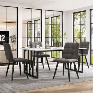 Eetgroep (5 stuks), eettafel met 4 stoelenset, moderne keukentafelset, 140 x 80 cm keukentafel met zwart metalen poten, wit MDF bureaublad, gesplitste tafelbladen, donkergrijze fluwelen eetkamerstoelen