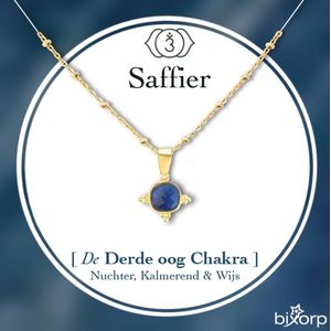 Bixorp Gems Gouden Dames Ketting met Saffier hanger - Derde oog Chakra - 18 Karaat Verguld Goud & Roestvrij Staal - 36cm + 8cm verstelbaar