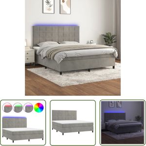 The Living Store Boxspring met matras en LED fluweel lichtgrijs 160x200 cm - Boxspring - Led Bed - Velvet Bed - King Size Bed - Slaapcomfort