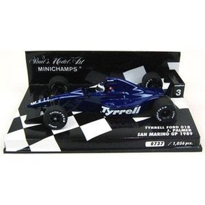 The 1:43 Diecast Modelcar of the Tyrell Ford 018 #3 of the San Marino GP 1989. The driver was Jonathan Palmer. This scalemodel is limited by 1056pcs.The manufacturer is Minichamps.This model is only online available