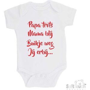 100% katoenen Romper ""Papa trots Mama blij Buikje weg Jij erbij..."""" Unisex Katoen Wit/rood Maat 62/68