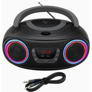 Denver Draagbare Bluetooth Radio CD Speler - Kinderen & Volwassenen & Ouderen - Lichteffecten - Boombox - AUX - FM - Noodradio- Werkt ook op Batterijen - Keuken -Zwart