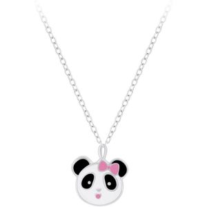 Zilveren kinderketting met panda hanger | panda roze strikje ketting meisje | Zilverana | Sterling 925 Silver (Echt zilver)