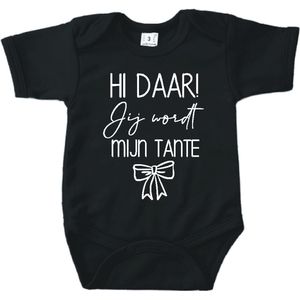 Baby romper met tekst zwangerschap aankondiging | Hi daar jij wordt mijn tante met strik zwart | korte mouw | maat 56 cadeautje zwangerschap aankondiging tante bekendmaking | Cadeautje 100% katoen.