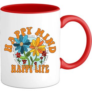 Flower Power - Happy Mind Happy Life - Vintage Aesthetic - Mok - Rood