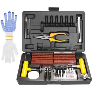 Bandenreparatieset - 100-delig, autobanden met bandenspanningsmeter, handschoenen en 35 accessoires, reparatieset voor auto's, fietsen, motorfietsen, tractoren, vrachtwagens