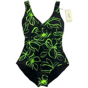 Badpak Vrouwen- Plus Size Zwempak- Dames Badmode Bleomenprint- Swimwear VC719- Zwart groen details- Maat 56