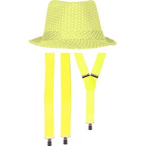 Toppers in concert - Carnaval verkleedset Partyman - glitter hoedje en bretels - neon geel - heren - verkleedkleding
