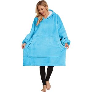 Oversized sweatshirt blanket, unisex Sherpa hooded blanket, portable cuddly blanket with sleeves and pocket. - blue