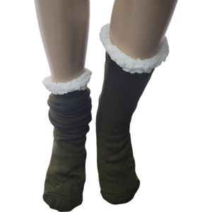 Huissokken - Warme wintersokken - Thermo - Gevoerd - Unisex - Kleur Legergroen - Effen Zonder patroon - Maat 41-46 -Huissokken - Anti-slip - Cadeau - Vaderdag - Moederdag - Kerst