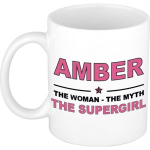Naam cadeau Amber - The woman, The myth the supergirl koffie mok / beker 300 ml - naam/namen mokken - Cadeau voor o.a verjaardag/ moederdag/ pensioen/ geslaagd/ bedankt