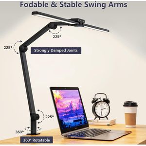Bureaulamp led dimbaar 24 W 80 cm ultraheldere dubbele kop bureaulamp klembaar 1200 lm oogbescherming bureaulamp met zwenkarm monitorlamp daglichtlamp autodimmen