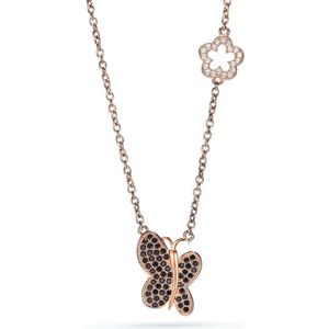 Orphelia ZK-7262 - Necklace Butterfly + Flower Rosegold Plated Zirconium Black & White - 925 zilver - zikonia - 42 cm