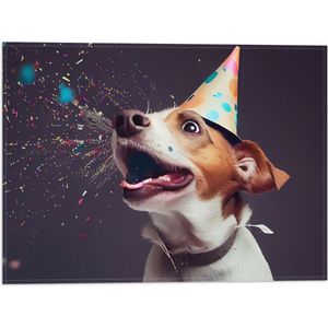 Vlag - Jarige Hond met Feesthoed en Confetti - 40x30 cm Foto op Polyester Vlag