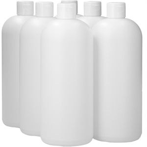 6 x 1000 ml ronde fles HDPE wit + Klepdop Wit - BPA Vrij - Niet Breekbaar - Plastic Flesjes Navulbaar - Met Dop - Lege Flessen - 6 stuks.