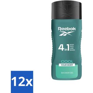 12 x Reebok - Cool Your Body - Douchegel - 4 in 1 - 400 ml - Douchegel - Mannen - Verkoelend - Menthol - Aloe Vera