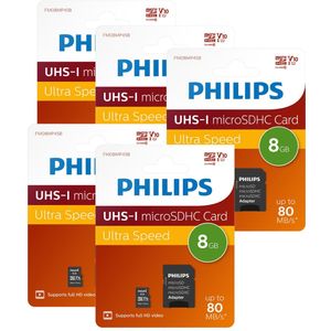 5x Philips FM08MP45B - Micro SDHC kaart 8GB incl. adapter - Class 10 - UHS-I U1 - 5-Pack