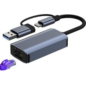 2-IN-1 USB 3.0 + USB-C naar Ethernet Adapter - Koppelstuk - 10/100/1000 MBps - Netwerk RJ45 Internet Adapter - Geschikt voor o.a. Macbook, Laptop en Telefoon - Grijs - Provium
