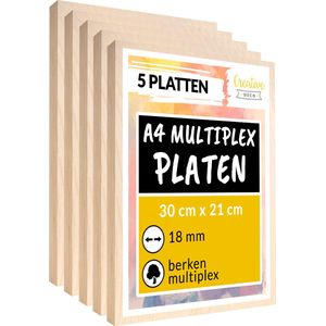 Creative Deco 5 x A4 multiplex plaat 18mm | 300 x 210 mm | berken multiplex laser-geschikt dun hout blanks | perfecte plaat voor lasergraveren, lasersnijden, fretwork, pyrografie, CNC router