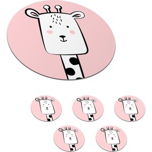 Onderzetters voor glazen - Rond - Giraffe - Dieren - Roze - 10x10 cm - Glasonderzetters - 6 stuks