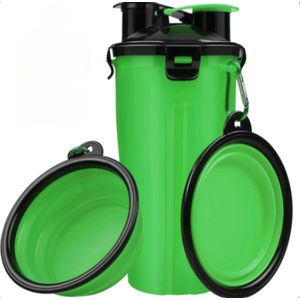 Janse® Voer en waterfles voor honden groen - Drinkfles voor honden - Dieren bidon voor in je rugzak - Voedselcontainer voor in de auto - Inclusief opvouwbare voerbak - Blauwe drinkbak voor brokjes - Waterbak - Drinkbak