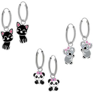 Set van zilveren oorringen met hanger, kat, panda en koala