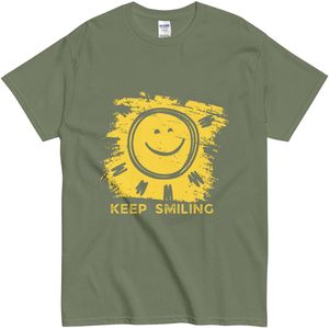 T Shirt Dames en Heren - Motiverende Tekst en Zonnige Smiley Print - Khaki Groen - S