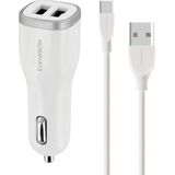 Mobiparts Car Charger Dual USB 24W/4.8A + USB-C Kabel - Wit