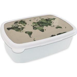 Broodtrommel Wit - Lunchbox - Brooddoos - Wereldkaart - Bladeren - Groen - 18x12x6 cm - Volwassenen
