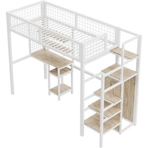 Merax Hoogslaper 90 x 200 cm met Veiligheidsladder - Kinderbed met Metalen Frame - Kledingkast en Bureau - Wit