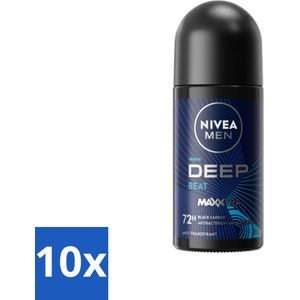 10 x Nivea - Men - Deodorant - Roller - Deep Beat - 48 Uur Lang Werkend - 50 ml - Zwarte Koolstof - Houttonen - Frisheid - Antibacterieel