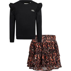 No Way Monday - Kledingset - Meisjes - 2delig - Rok bruin fox kleuren - Sweater with crewneck black - Maat 140