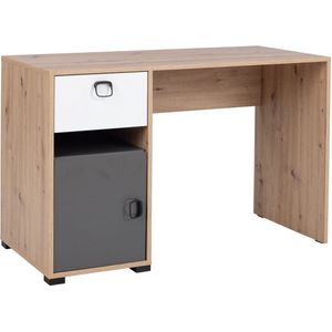 Bureau met lade - Planken - 120 cm - ambachtelijk eiken/grafiet/wit - Zwarte handgrepen