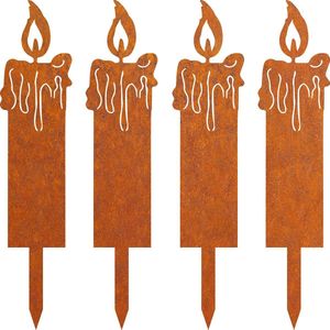 Roestkleurige steker, kaars, kerstdecoratie, 4 stuks, roestkleurige tuinstekers, kaarsgroep, kerst-/herfstdecoratie voor buiten